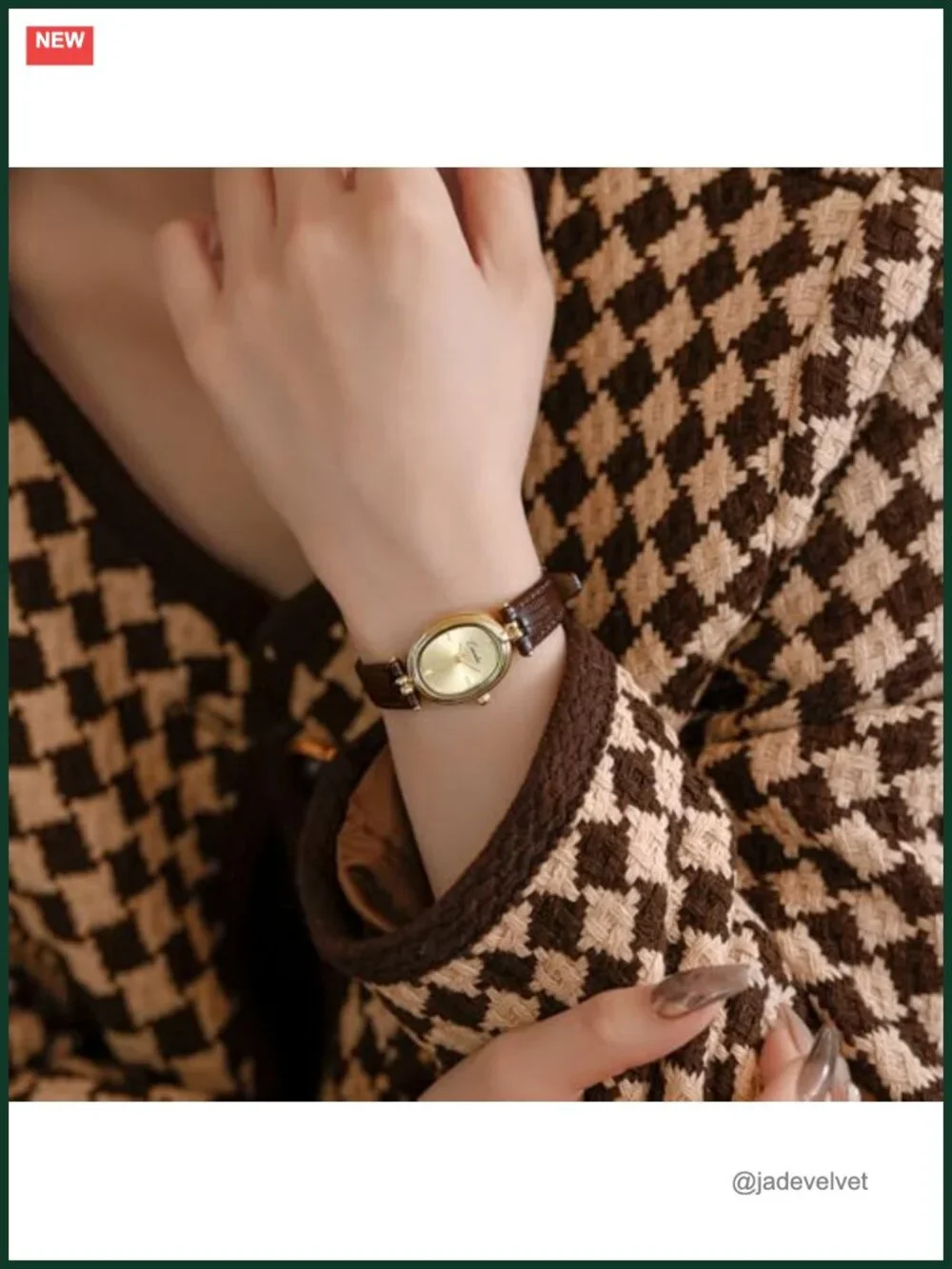 Vintage Gold Oval Quartz Wrist Watch for Women, Genuine Leather Band,